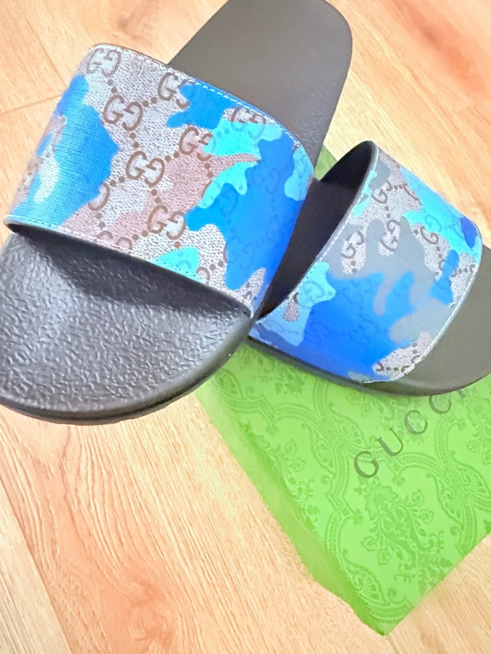 Gucci Blue Camo GG Slide Sandals